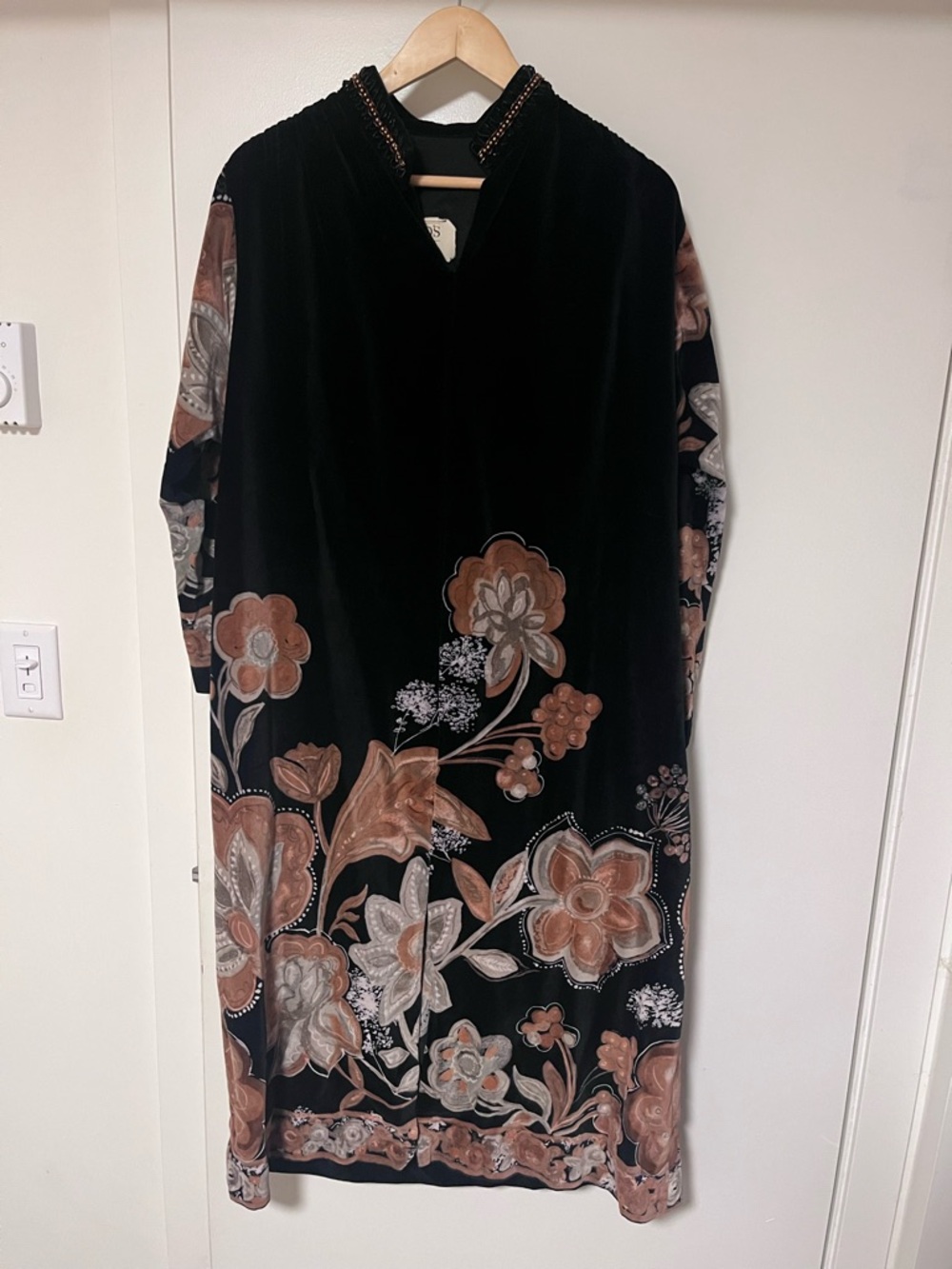 *Vintage* Black Velvet Floral Midi Dress with Brown Floral Embroidery